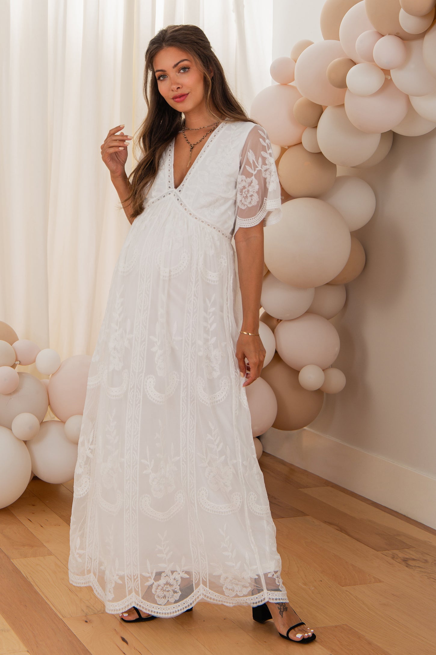 PinkBlush White Lace Mesh Overlay Maternity Maxi Dress