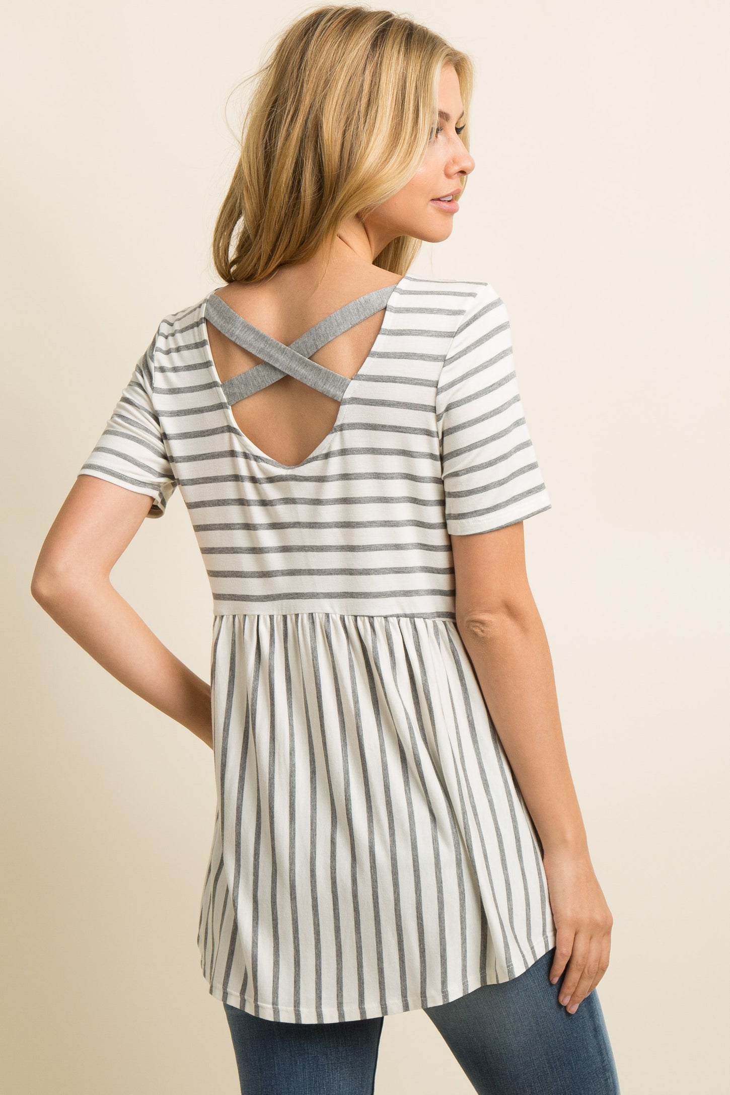 PinkBlush Grey Striped Crisscross Back Peplum Top