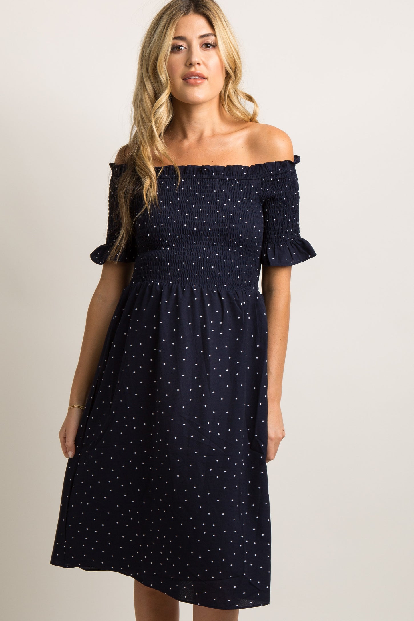 Navy Polka Dot Smocked Maternity Dress