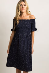Navy Polka Dot Smocked Maternity Dress