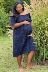 Navy Polka Dot Smocked Maternity Dress