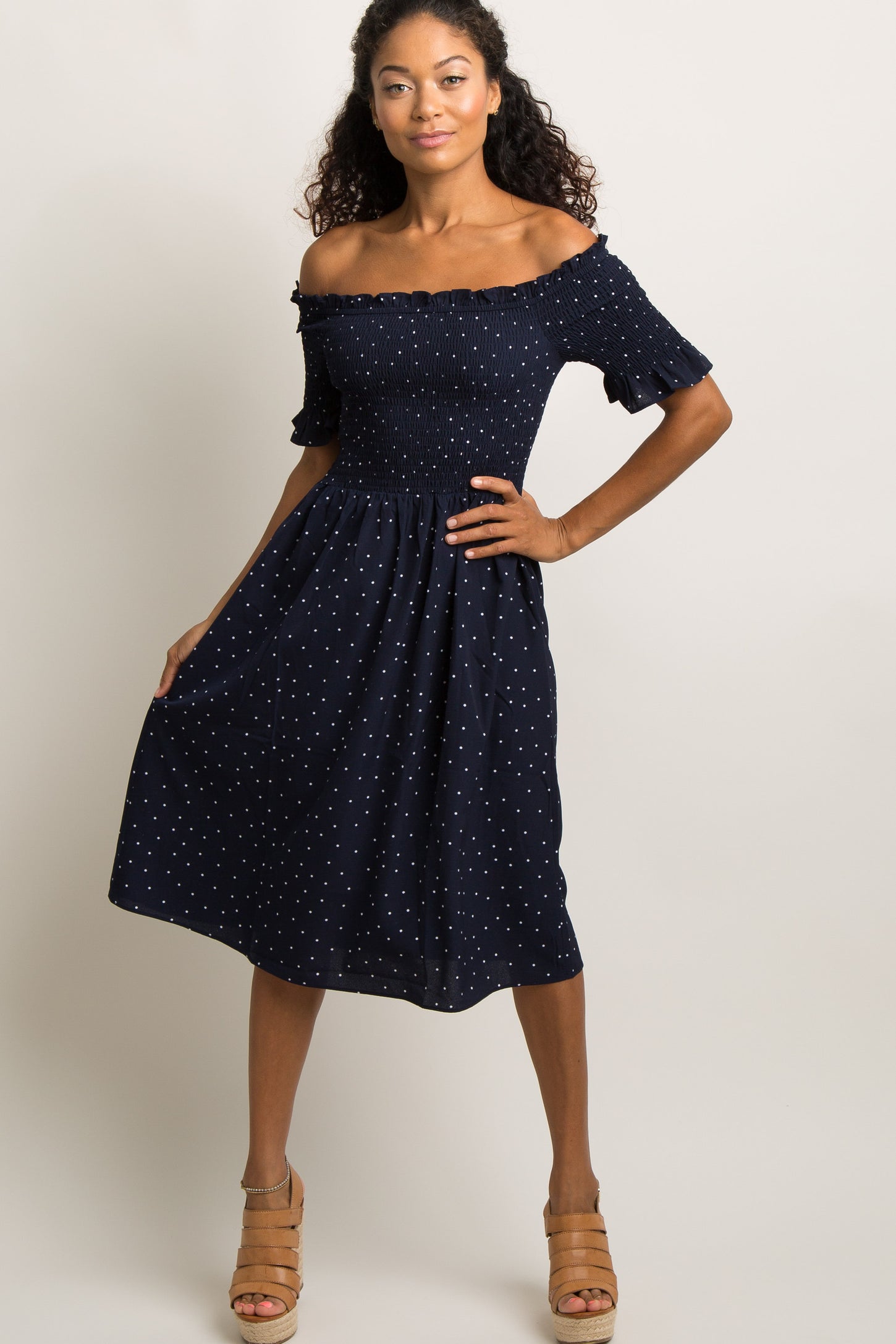 Navy Polka Dot Smocked Maternity Dress