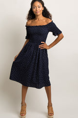 Navy Polka Dot Smocked Maternity Dress