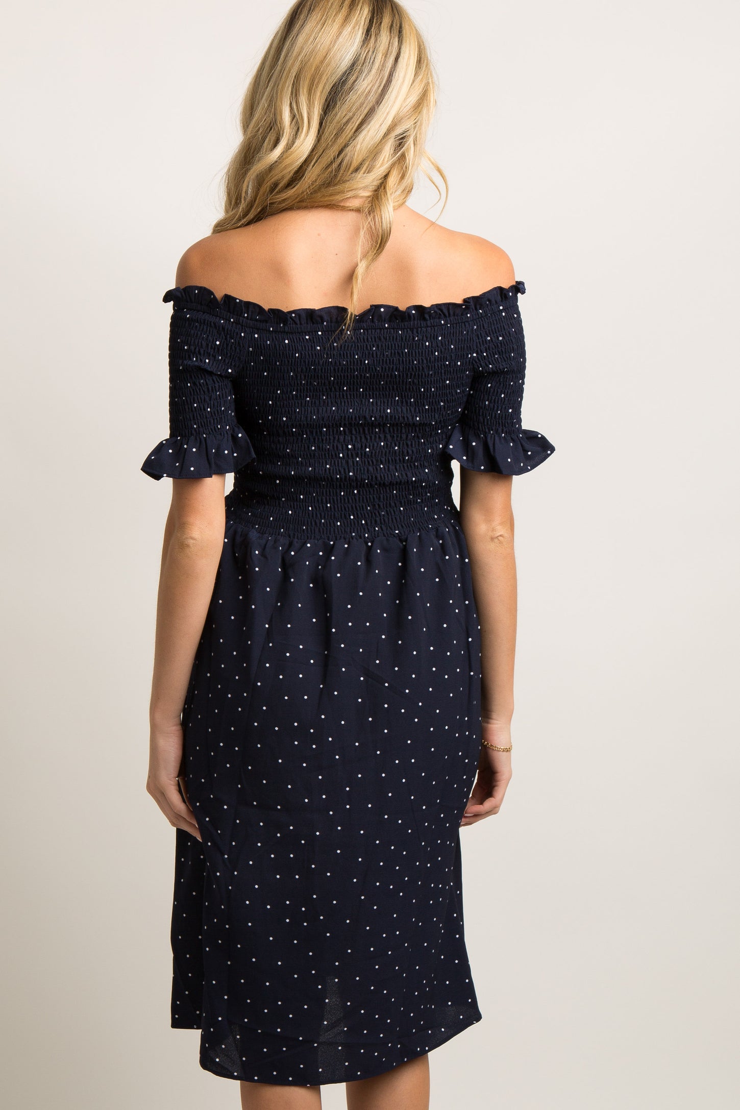 Navy Polka Dot Smocked Maternity Dress