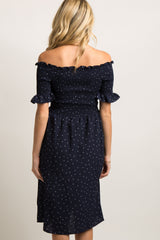 Navy Polka Dot Smocked Maternity Dress
