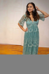 Sage Lace Mesh Overlay Maxi Dress