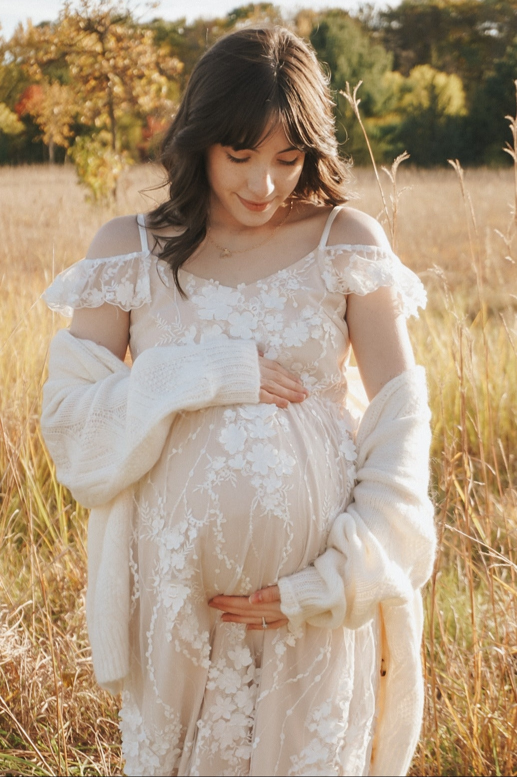 Ivory Floral Embroidered Mesh Maternity Evening Gown