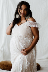 Ivory Floral Embroidered Mesh Maternity Evening Gown