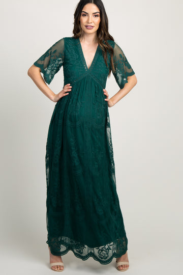 Forest Green Lace Mesh Overlay Maternity Maxi Dress
