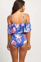 Periwinkle Floral Ruffle Trim Ruched One-Piece Maternity Swimsuit