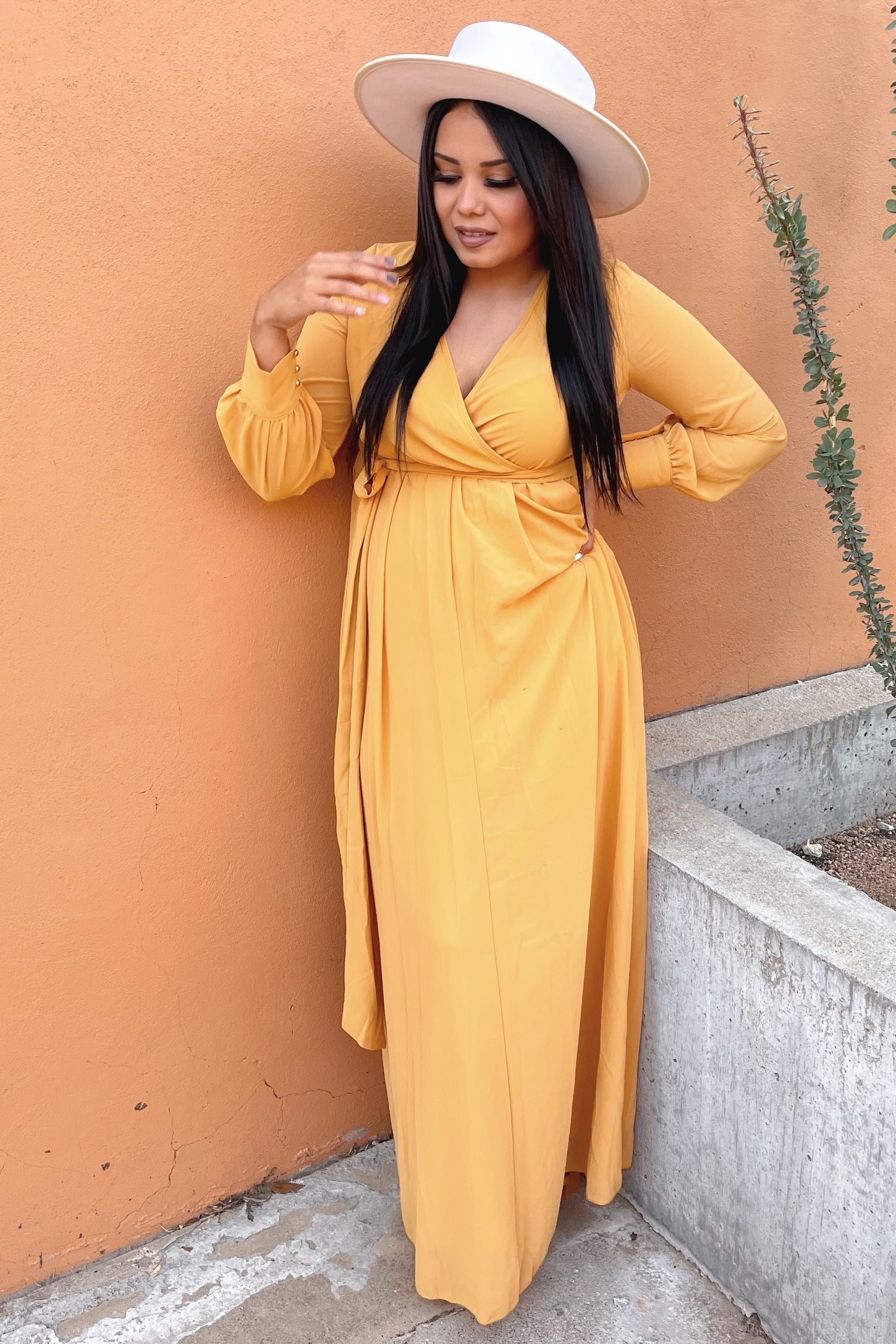 Yellow Chiffon Long Sleeve Pleated Maxi Dress