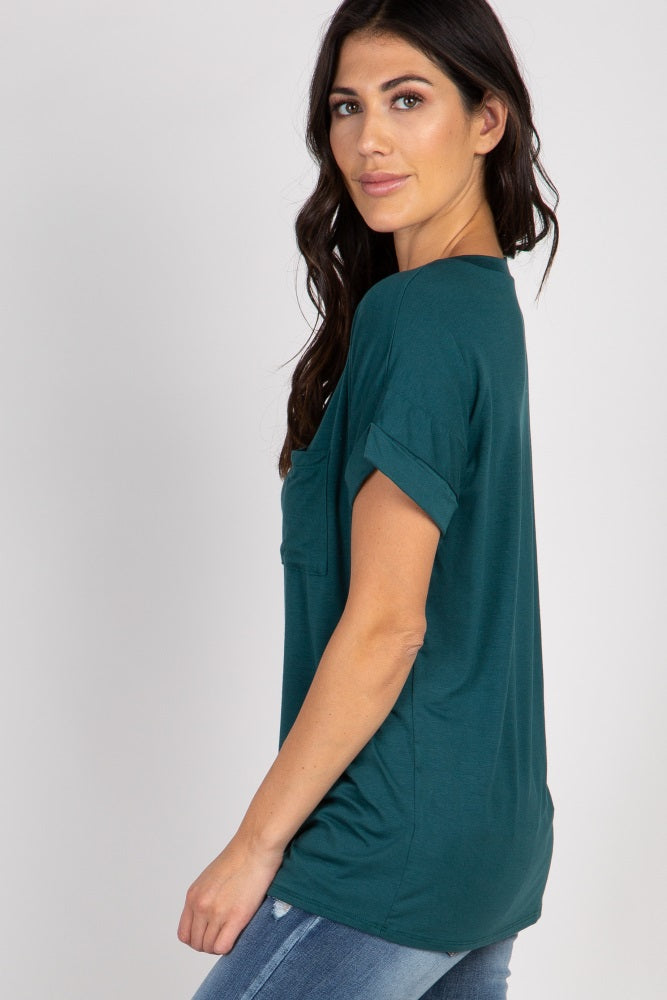 Forest Green V-Neck Pocket Accent Top