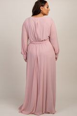 Light Pink Chiffon Long Sleeve Pleated Plus Maxi Dress