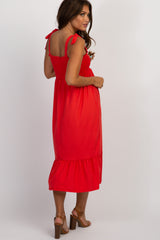 PinkBlush Red Solid Self-Tie Smocked Maternity Midi Dress