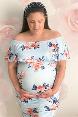 Light Blue Rose Print Ruffle Fitted Maternity Dress
