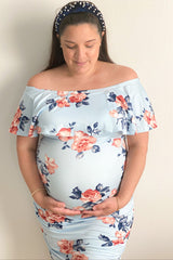 Light Blue Rose Print Ruffle Fitted Maternity Dress