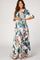 woman wearing a floral wrap maternity dress with three-quarter sleeves and a visible baby bump