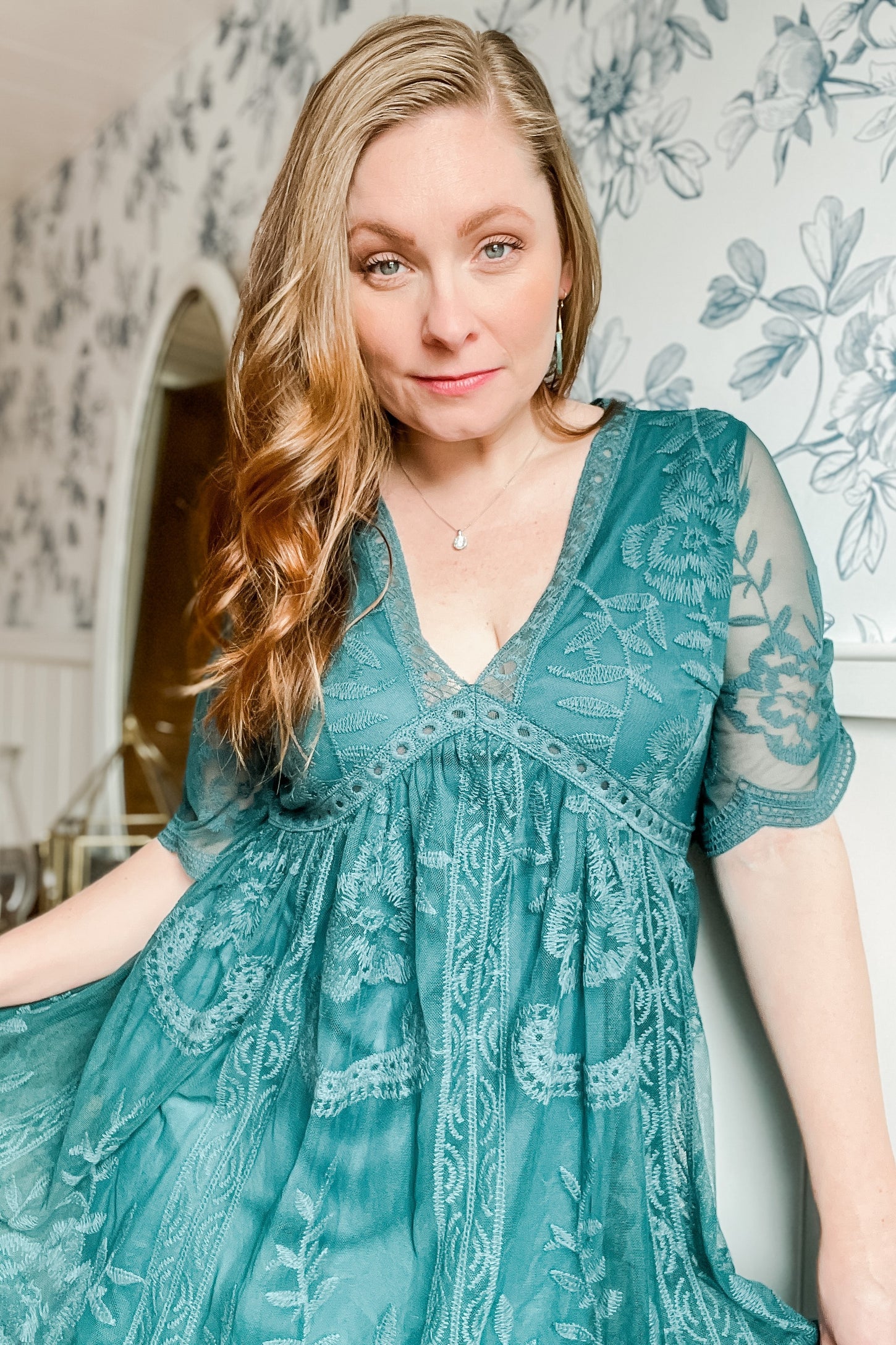 Dark Turquoise Lace Mesh Overlay Maxi Dress