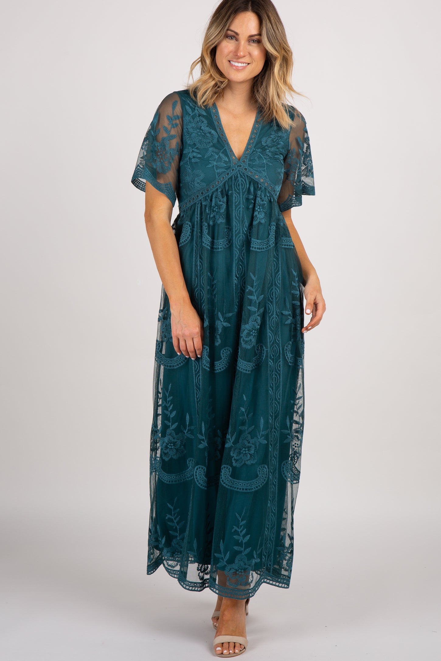 Dark Turquoise Lace Mesh Overlay Maxi Dress