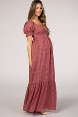 Pink Floral Puff Sleeve Maternity Maxi Dress