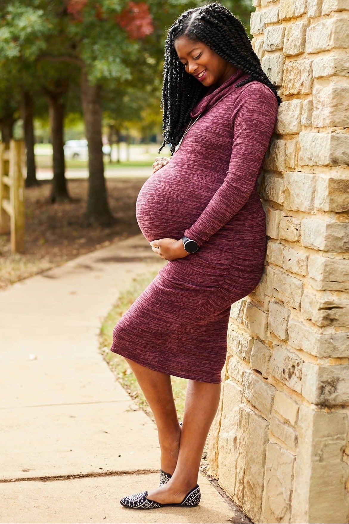 Burgundy Knit Long Sleeve Cowl Neck Maternity Dress