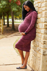 Burgundy Knit Long Sleeve Cowl Neck Maternity Dress