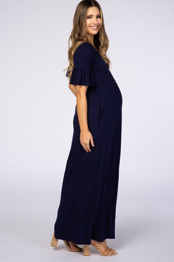 Navy Blue Button Ruffle Sleeve Maternity Maxi Dress
