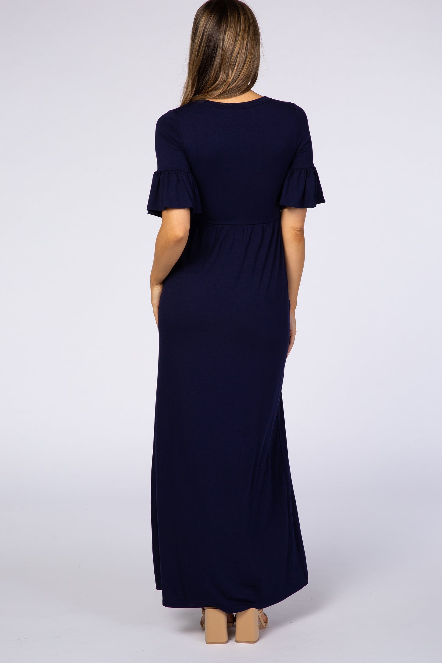 Navy Blue Button Ruffle Sleeve Maternity Maxi Dress