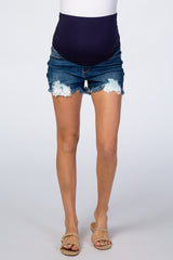 PinkBlush Blue Distressed Crochet Trim Maternity Denim Shorts