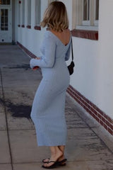Light Blue V-Neck Long Sleeve Fitted Maxi Dress