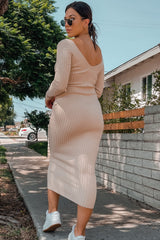 Taupe V-Neck Long Sleeve Fitted Maxi Dress
