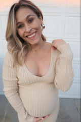 Taupe V-Neck Long Sleeve Fitted Maternity Maxi Dress