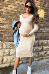 Taupe V-Neck Long Sleeve Fitted Maternity Maxi Dress