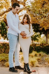 Taupe V-Neck Long Sleeve Fitted Maternity Maxi Dress