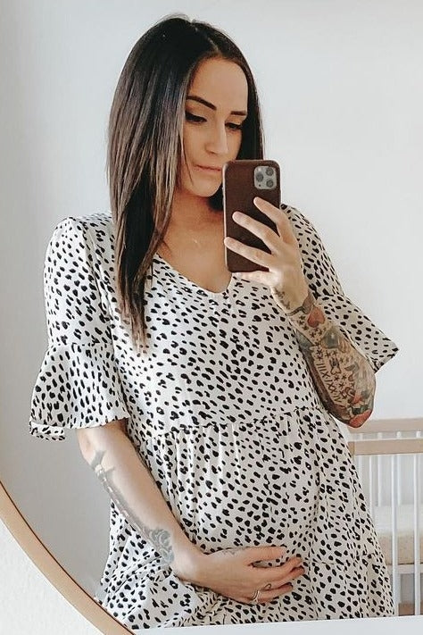 Beige Animal Print Ruffle Sleeve Maternity Dress