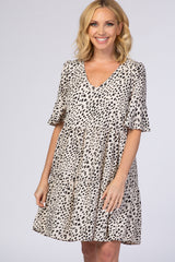 Beige Animal Print Ruffle Sleeve Dress