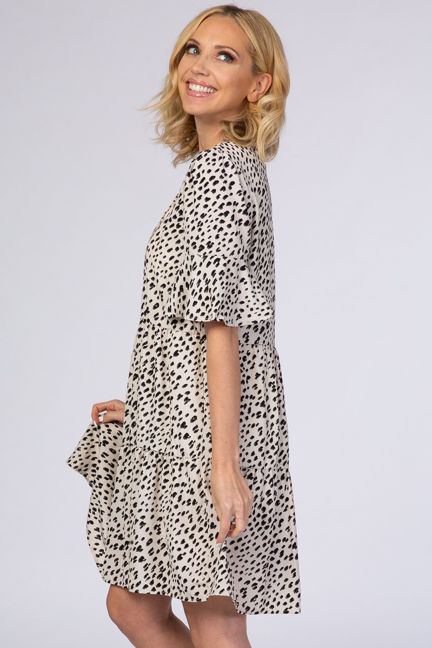 Beige Animal Print Ruffle Sleeve Dress