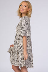 Beige Animal Print Ruffle Sleeve Dress