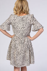 Beige Animal Print Ruffle Sleeve Dress