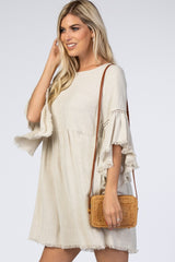 Beige Raw Edge Bell Sleeve Babydoll Dress