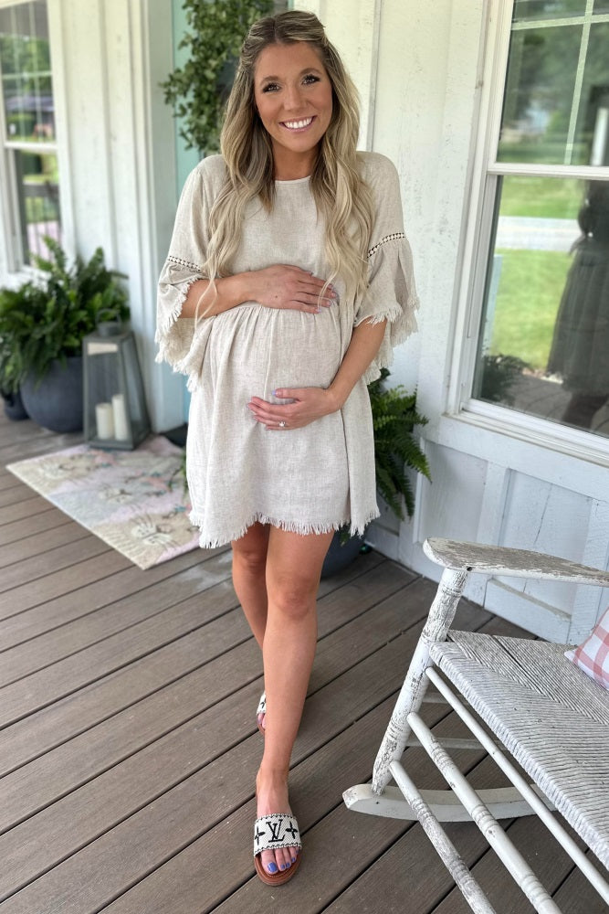 Beige Raw Edge Bell Sleeve Babydoll Maternity Dress