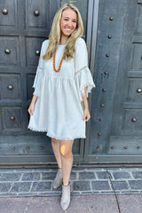 Beige Raw Edge Bell Sleeve Babydoll Dress