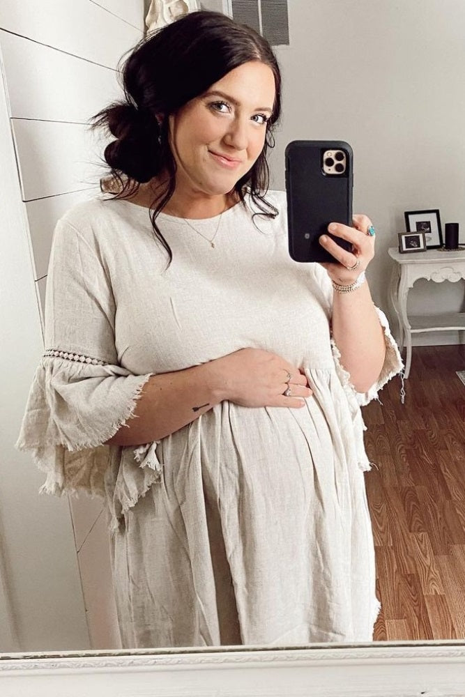 Beige Raw Edge Bell Sleeve Babydoll Maternity Dress
