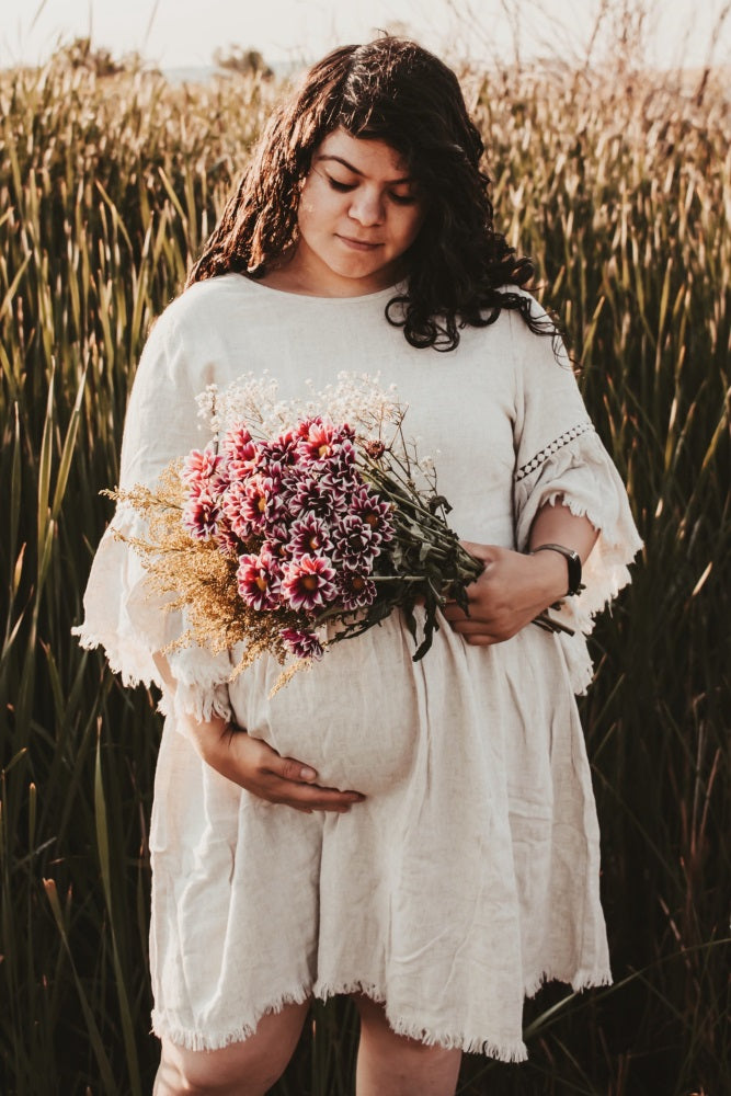 Beige Raw Edge Bell Sleeve Babydoll Maternity Dress