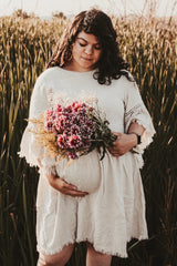 Beige Raw Edge Bell Sleeve Babydoll Maternity Dress