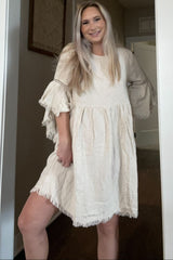 Beige Raw Edge Bell Sleeve Babydoll Dress