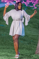 Beige Raw Edge Bell Sleeve Babydoll Dress