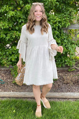 Beige Raw Edge Bell Sleeve Babydoll Dress