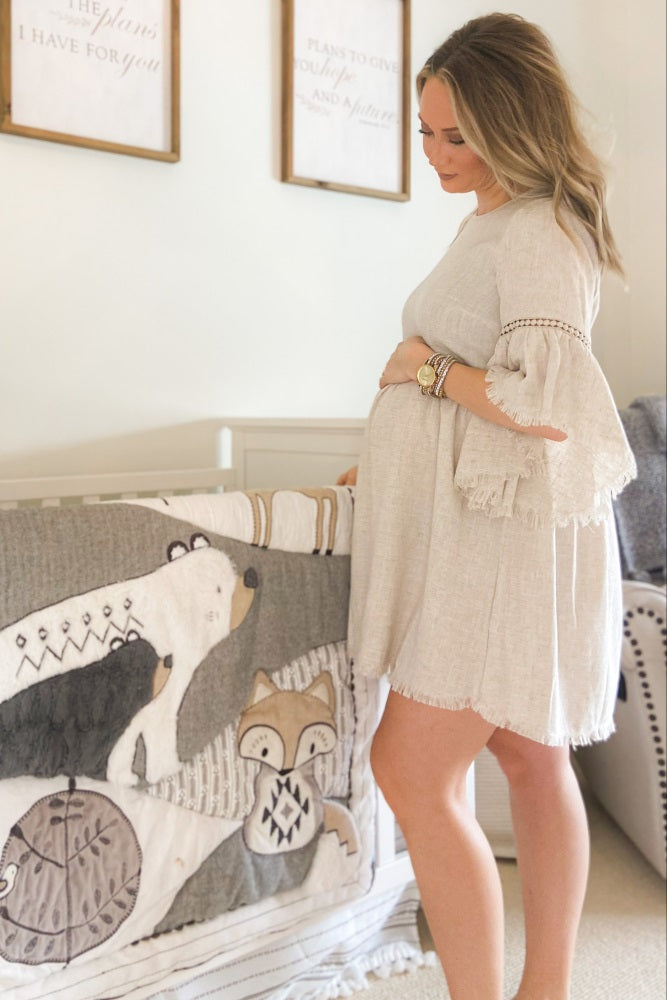 Beige Raw Edge Bell Sleeve Babydoll Maternity Dress