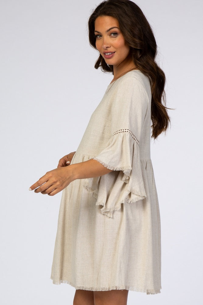 Beige Raw Edge Bell Sleeve Babydoll Maternity Dress